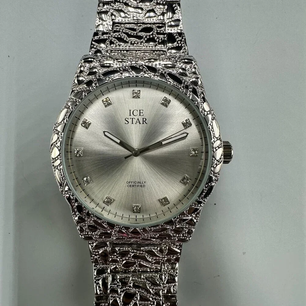 Ice Star Watch Men Silver Tone Nugget 43MM Round New Battery 8.5 Inch
